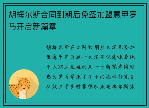 胡梅尔斯合同到期后免签加盟意甲罗马开启新篇章 胡梅尔斯合同到期后免签加盟意甲罗马开启新篇章